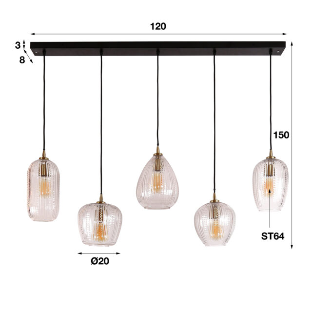 Hanglamp Diamond grain mix | 5 lichts | 120x20x150 cm | Diamond Glass - Afbeelding 8